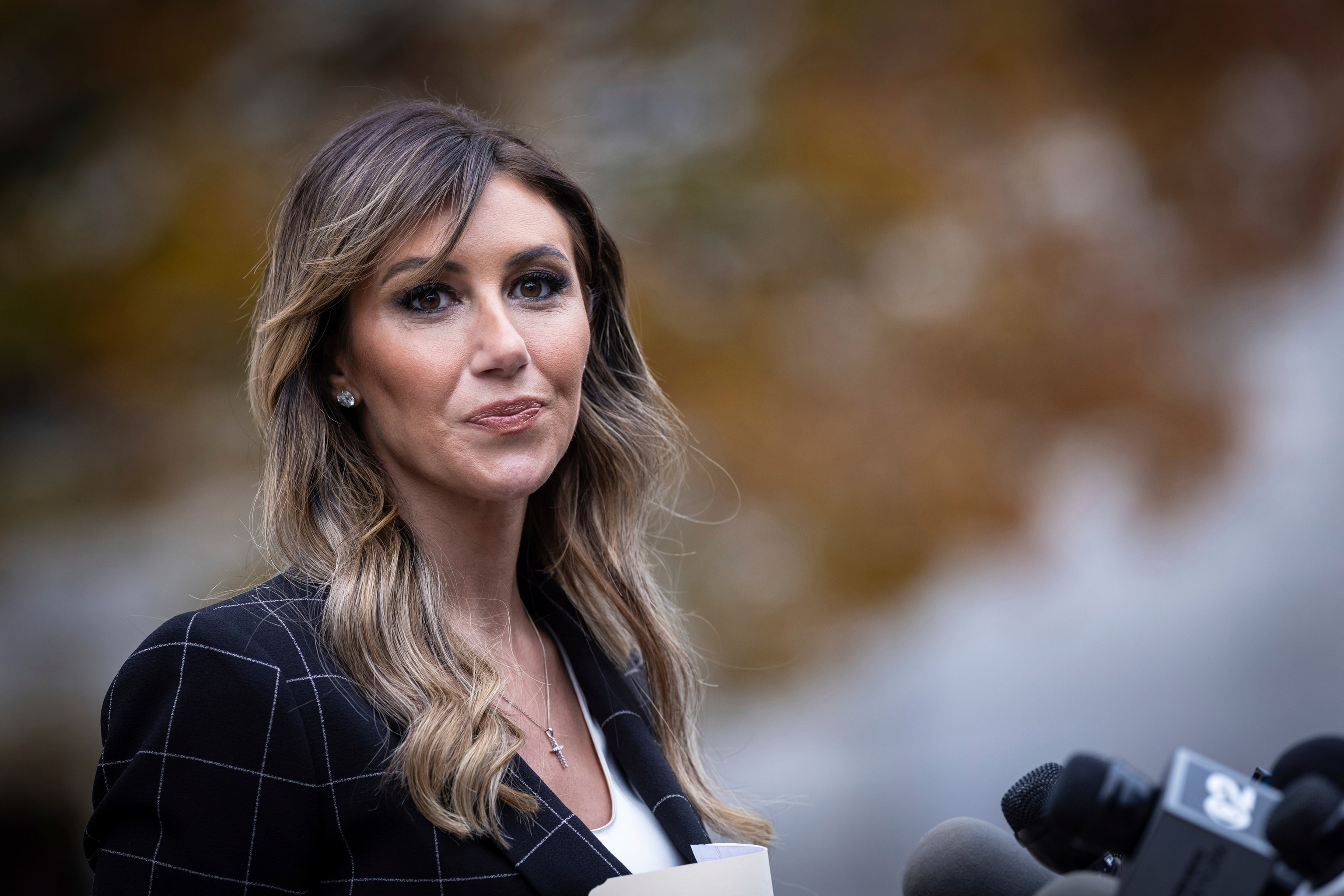 Lawyer Alina Habba speaks to the media outside the New York Supreme Court, Nov. 6, 2023, in New York.