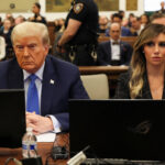 Former President Donald Trump and lawyer Alina Habba attend the Trump Organization civil fraud trial, in New York State Supreme Court in New York City, Nov 6, 2023.