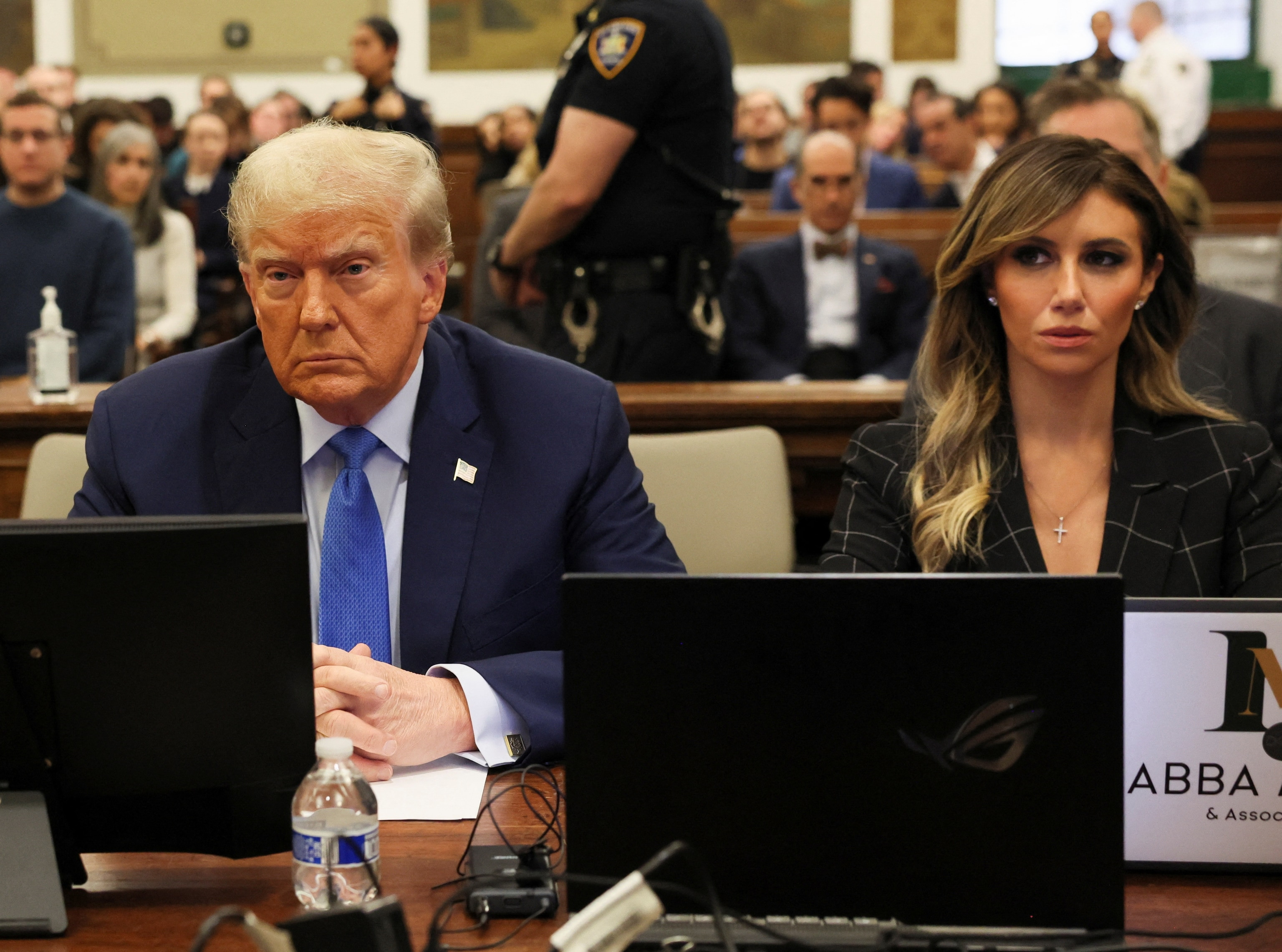 Former President Donald Trump and lawyer Alina Habba attend the Trump Organization civil fraud trial, in New York State Supreme Court in New York City, Nov 6, 2023.