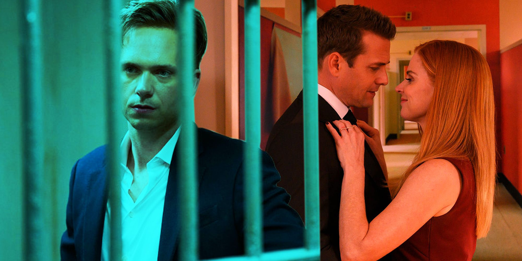 Blended image of Mike Ross in prison in Suits season 5, Harvey Specter and Donna Paulsen finally cementing their relationship in the Suits series finale.
