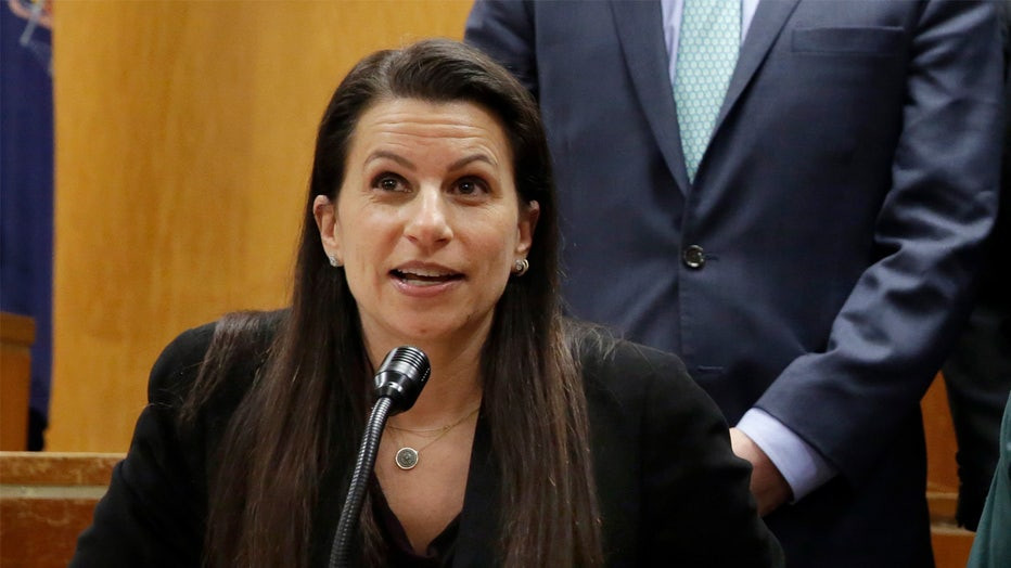 Karen Friedman Agnifilo at a news conference in Manhattan Supreme Court, New York, 2017