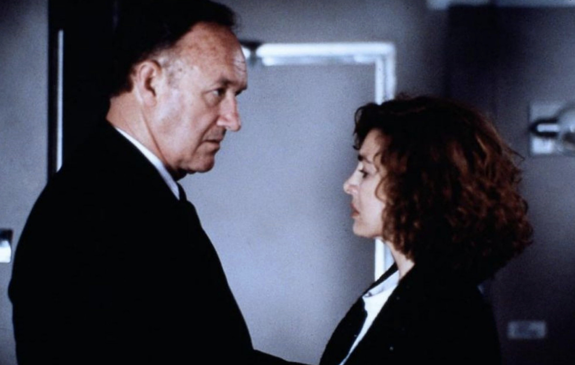 Gene Hackman and Anne Archer in a tense scene from Narrow Margin on the train