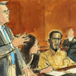 In this courtroom sketch, Sean "Diddy" Combs' defense attorney Marc Agnifilo, left, addresses the judge while Combs, seated second from right, in prison uniform, watches during a hearing in federal court in New York on...