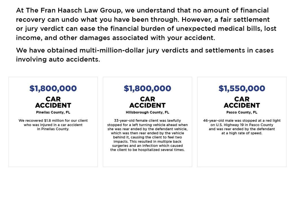 Car Accident Case Results with text highlighting Fran Haasch Law Group's understanding and commitment to seeking fair settlements and verdicts for car accident victims.