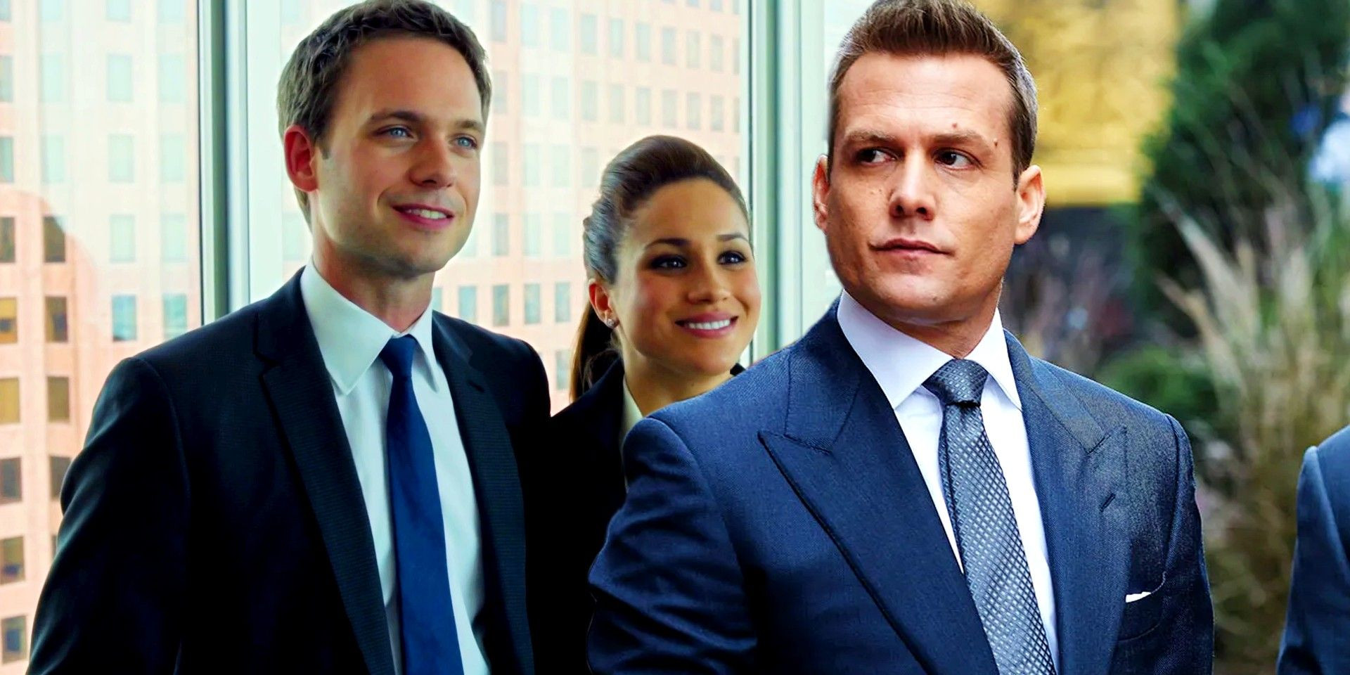 Mike Ross and Rachel Zane alongside Harvey Specter in Suits - Depicting key relationships in Suits, including Mike and Rachel's romance and Mike's mentorship with Harvey.