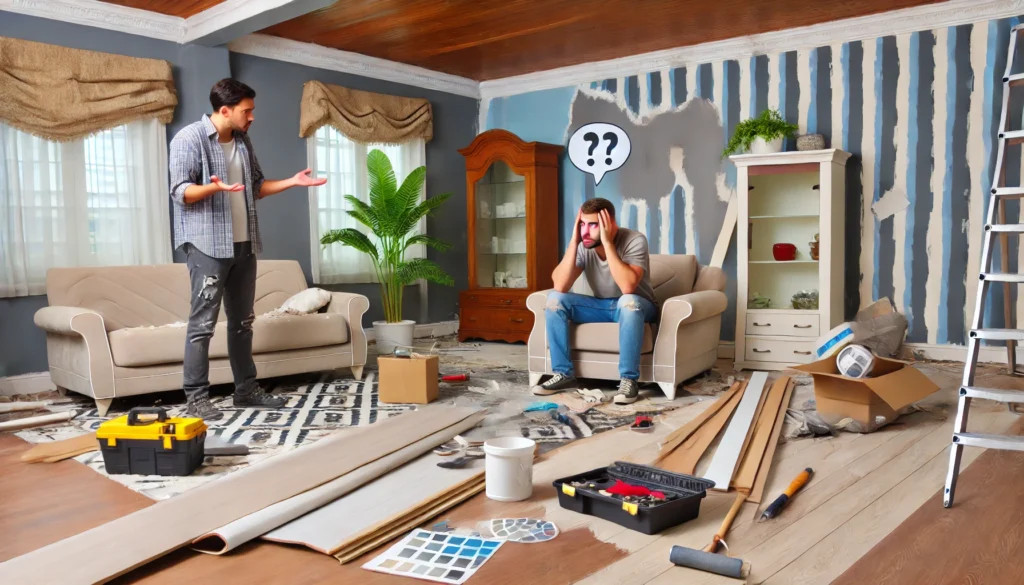 A partially renovated living room featuring mismatched paint and crooked flooring illustrates renovation challenges.