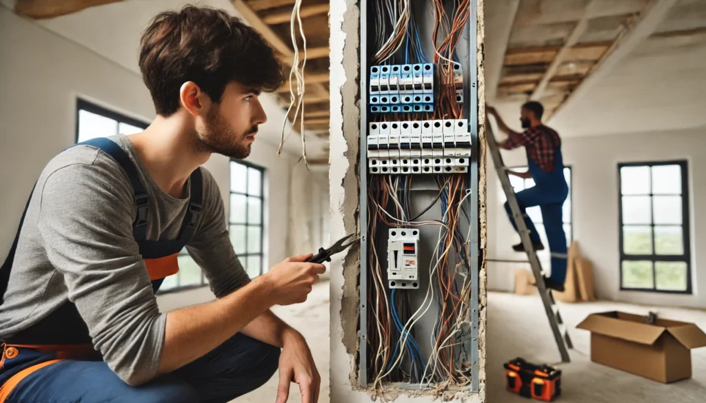 A close-up of a faulty electrical panel highlighting safety risks during renovations.