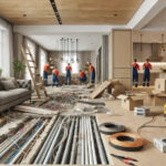 A modern home under renovation showcasing visible construction issues, including uneven flooring and exposed wiring.