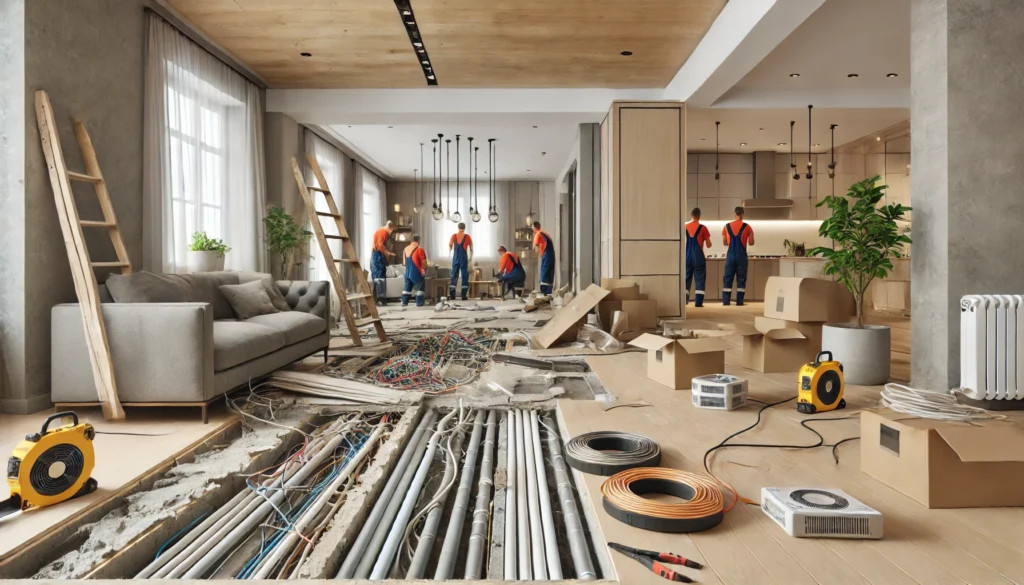 A modern home under renovation showcasing visible construction issues, including uneven flooring and exposed wiring.