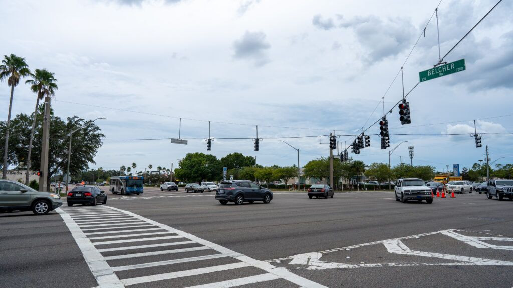 A busy Clearwater intersection known to be a dangerous location for car accidents, highlighting traffic and potential accident risks.