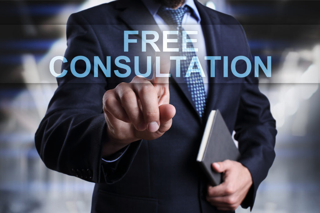 Businessman is pressing on virtual screen and selecting Free consultation. Texas drunk driving accident lawyers