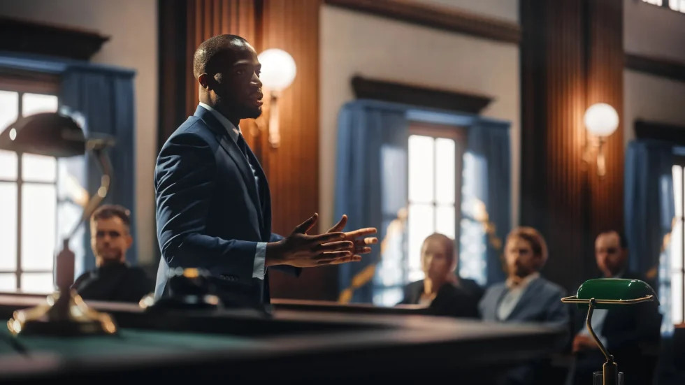 Speaking in a courtroom.