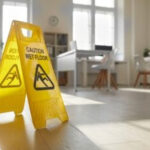 A yellow slip-and-fall sign on a wet floor, symbolizing premises liability. Alt text: A Jacksonville personal injury lawyer can help you navigate slip and fall accidents and seek compensation for injuries sustained on unsafe premises.