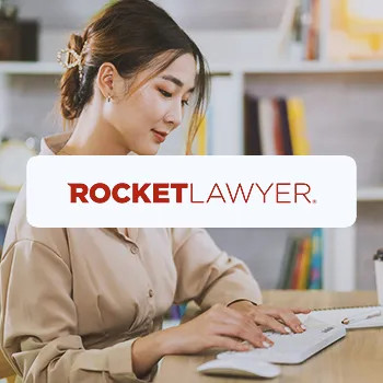 Rocket Lawyer Online Lawyer Services Logo with Professional in Background