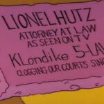 Lionel Hutz's sponge business card with slogans "As seen on TV" and "Clogging our courts since 1976"
