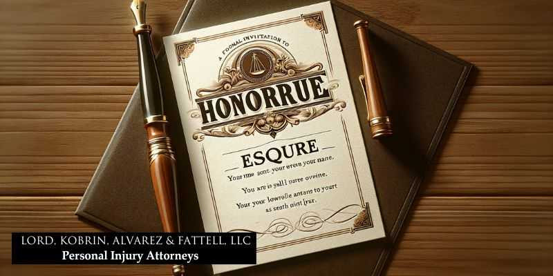 Formal invitation card addressed to a lawyer with the title Esquire, sitting on a wooden table with a pen