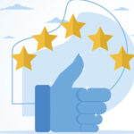 Graphic of a blue hand giving the thumbs-up gesture on a light background. Five gold stars appear in an arc above the hand