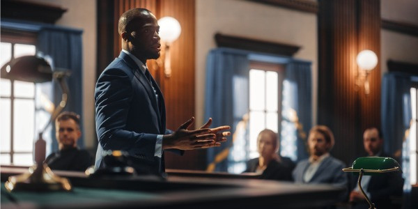 A lawyer discussing paperwork with a client in an office setting.